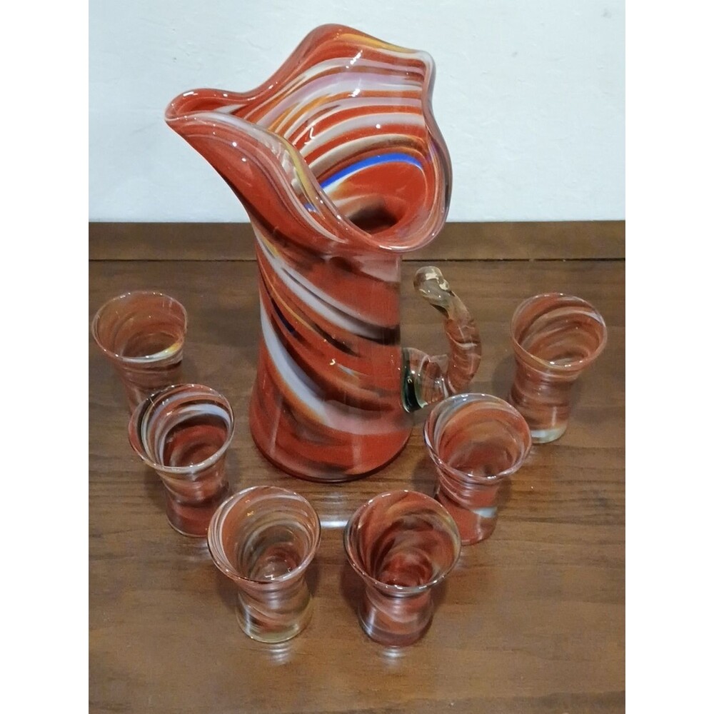 Studio Art Glass Pitcher And Six Glasses - Vintage 1970s